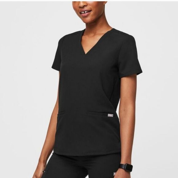 Figs Classic Black V-Neck Short Sleeve Top - Picture 7 of 12